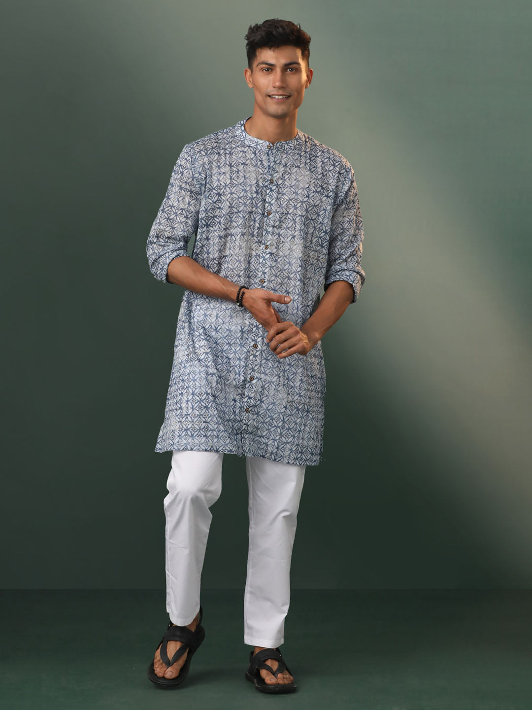 Men's Blue And White Cotton Kurta Pyjama Set