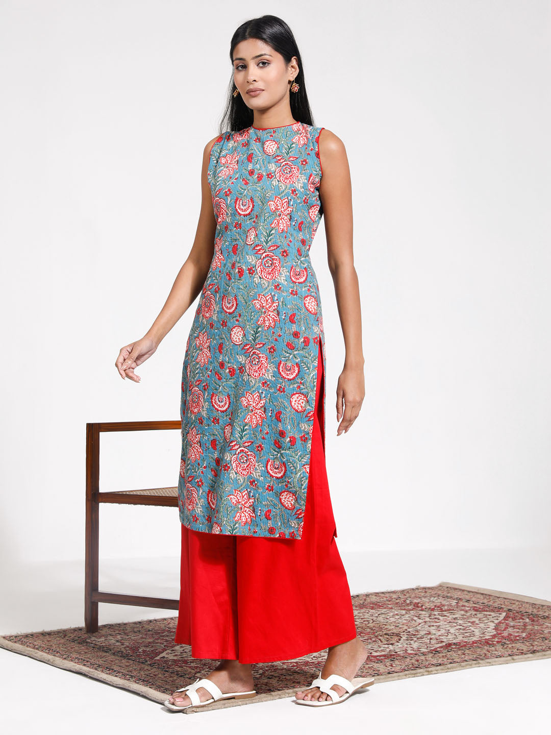 Women's Blue And Red Kurta Set