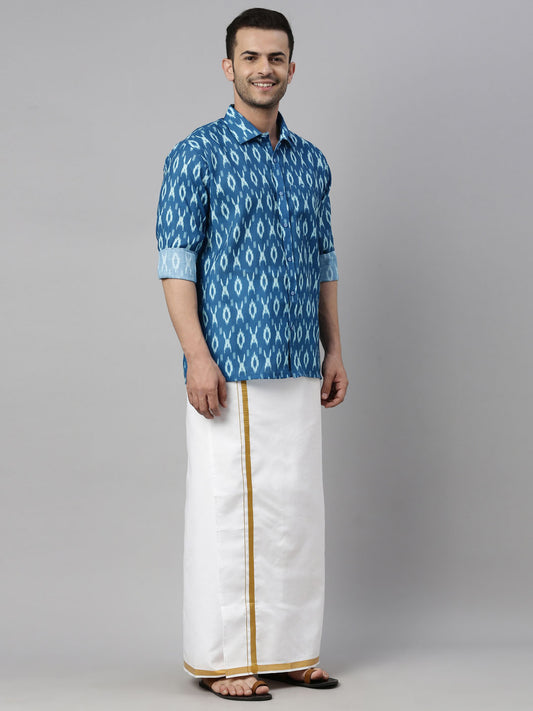 Men's Turquoise Cotton Blend Ethnic Shirt And Mundu Set