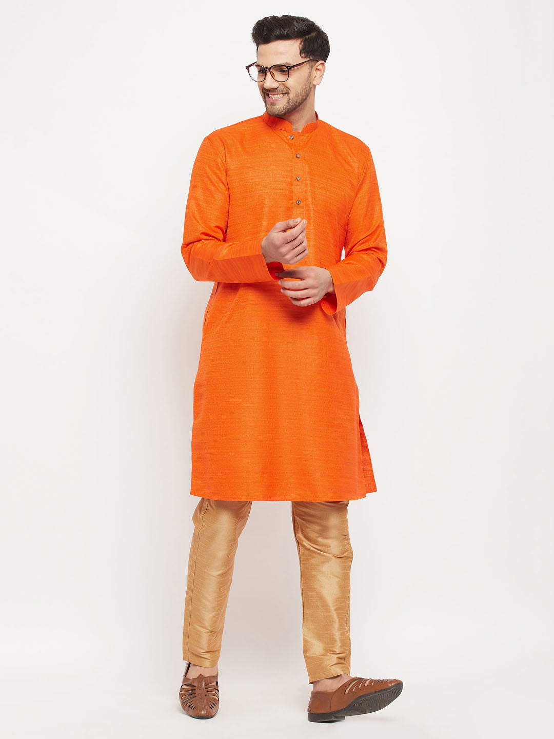 Men's Orange Silk Blend Kurta