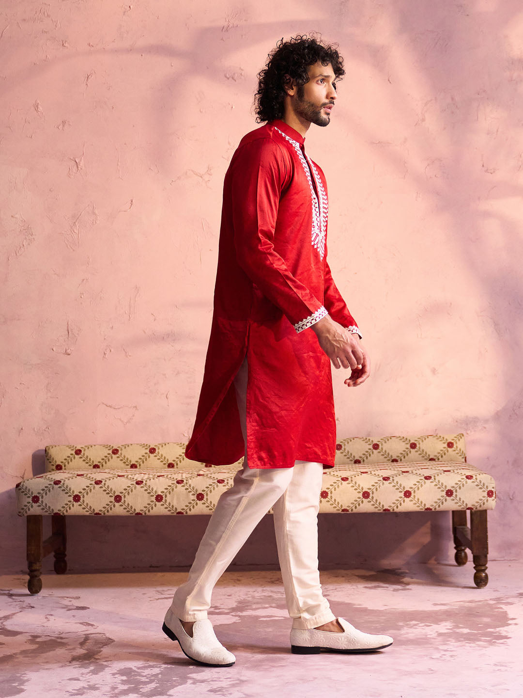 Men's Red And Cream Moonga Silk Kurta Pyjama Set