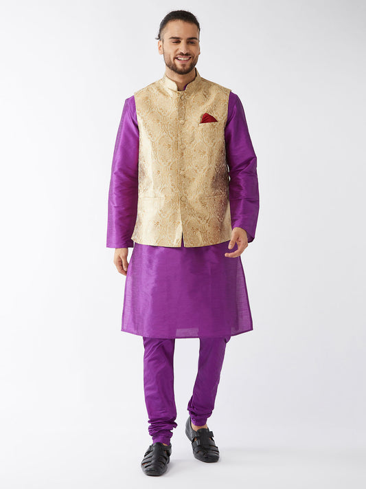 Men's Rose Gold And Purple Silk Blend Jacket, Kurta and Pyjama Set