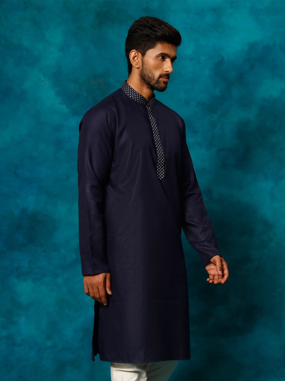 Men's Navy Blue Cotton Blend Kurta