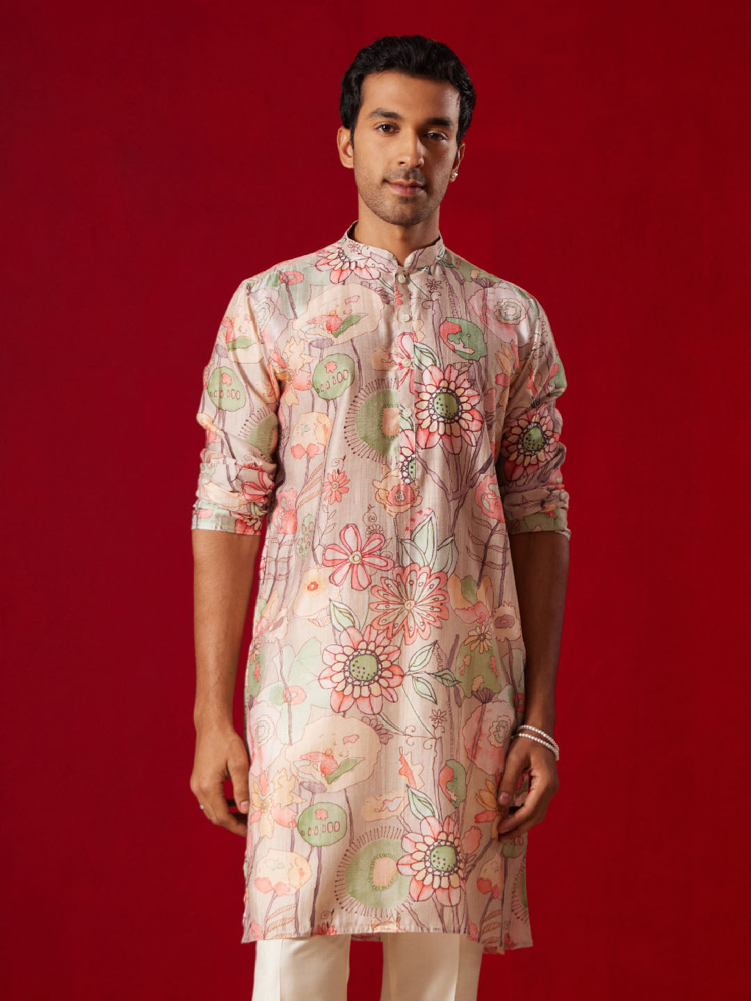 Men's Multi color Base Cream Cotton blend Kurta