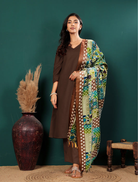 Women V Neck Straight Kurta with Pants & Dupatta