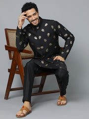 Men's Black Cotton Blend Jacket, Kurta and Pyjama Set