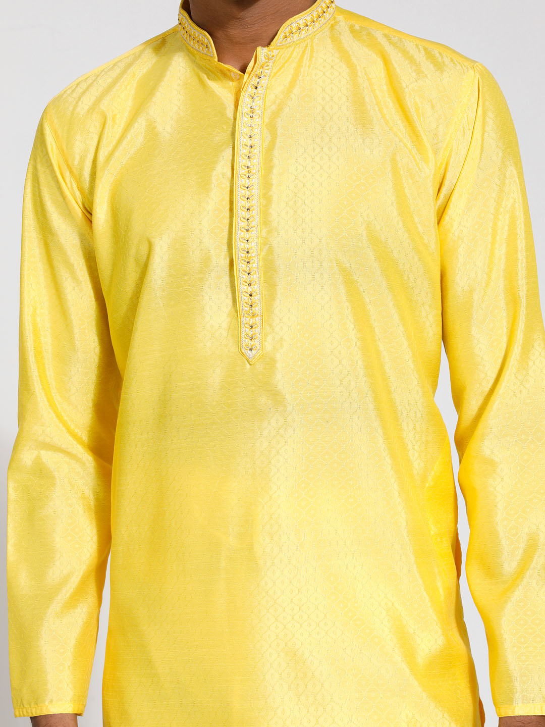 Men's Yellow And Cream Silk Blend Kurta Pyjama Set