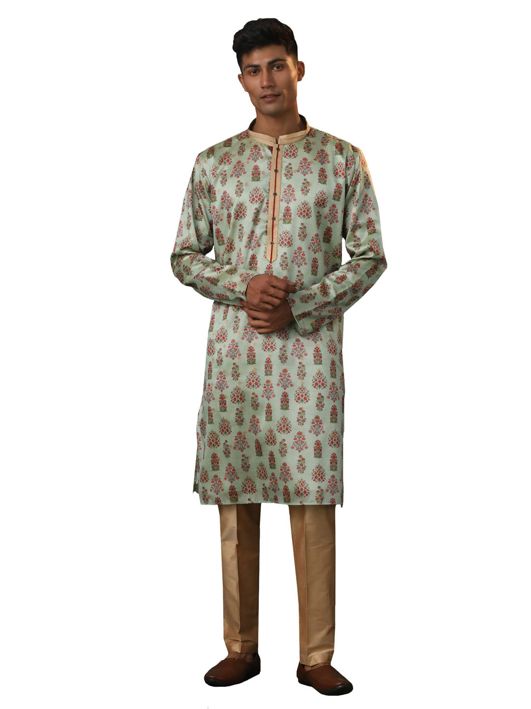 Men's Aqua And Rose Gold Silk Blend Kurta Pyjama Set