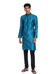 Men's Turquoise And Black Silk Blend Kurta Pyjama Set