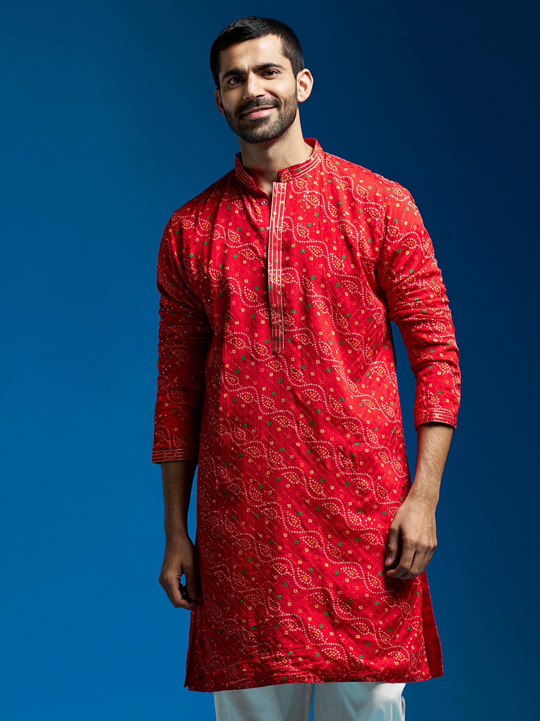 Men's Red Chinon Kurta