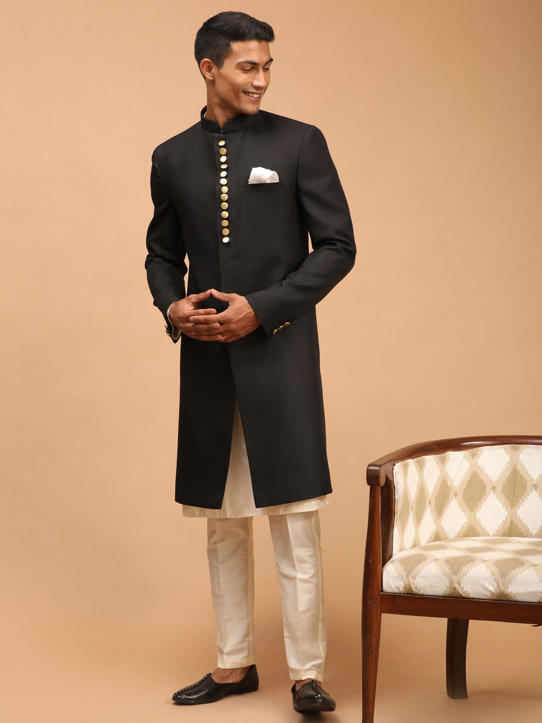 Men's Black And Cream Viscose Sherwani Set