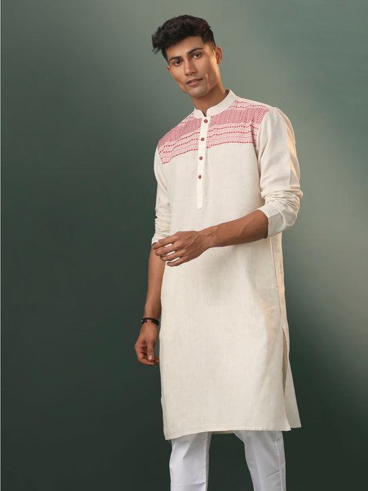 Men's Cream And Red Cotton Kurta