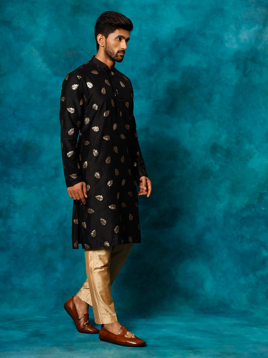 Men's Black And Rose Gold Cotton Blend Kurta Pyjama Set