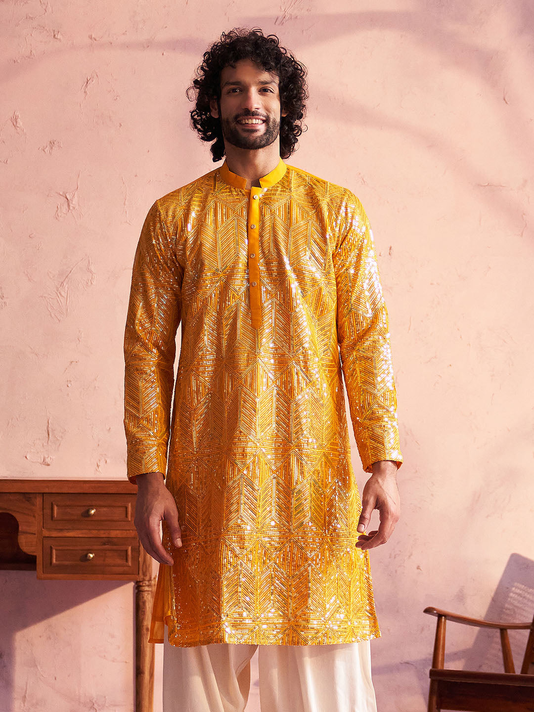 Men's Yellow Georgette Kurta