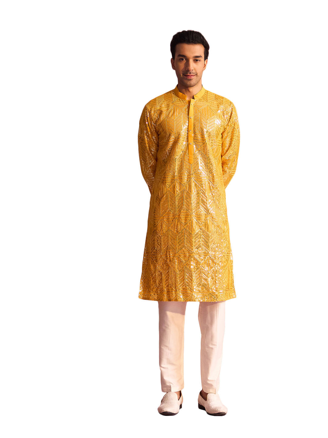 Men's Yellow And Cream Georgette Kurta Pyjama Set