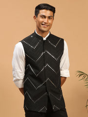 Men's Black Mirror Work Nehru Jacket