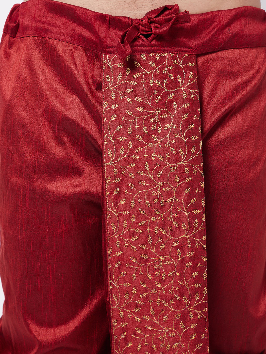 Men's Maroon Silk Blend Embroidered Dhoti