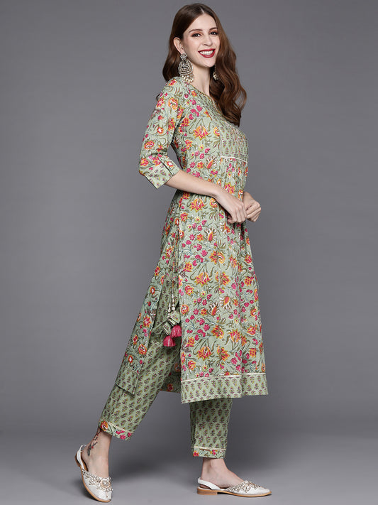 Women floral printed embroidered kurta with straight pant and chiffon dupatta