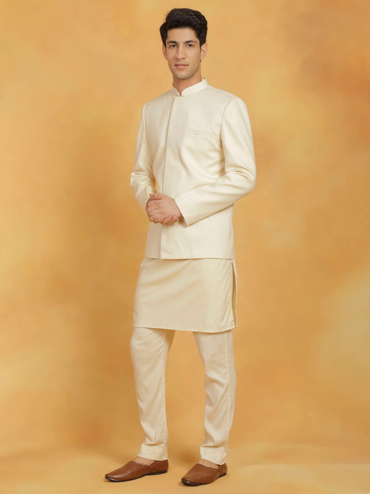 Men's Cream Linen Cotton jodhpuri, Kurta and Pyjama Set