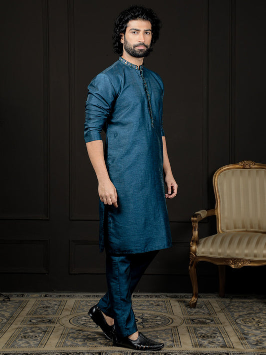 Men's Turquoise Dupion Silk Kurta and Pyjama Set