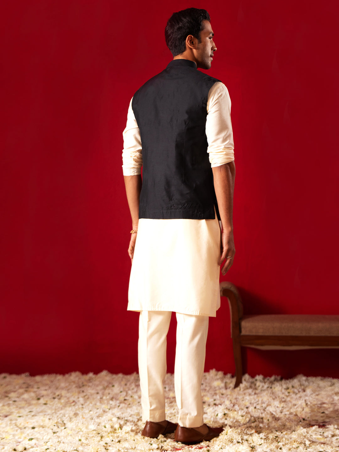 Men's Cream Viscose Jacket, Kurta and Pyjama Set