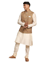 Men's Green And Cream Viscose Jacket, Kurta and Pyjama Set