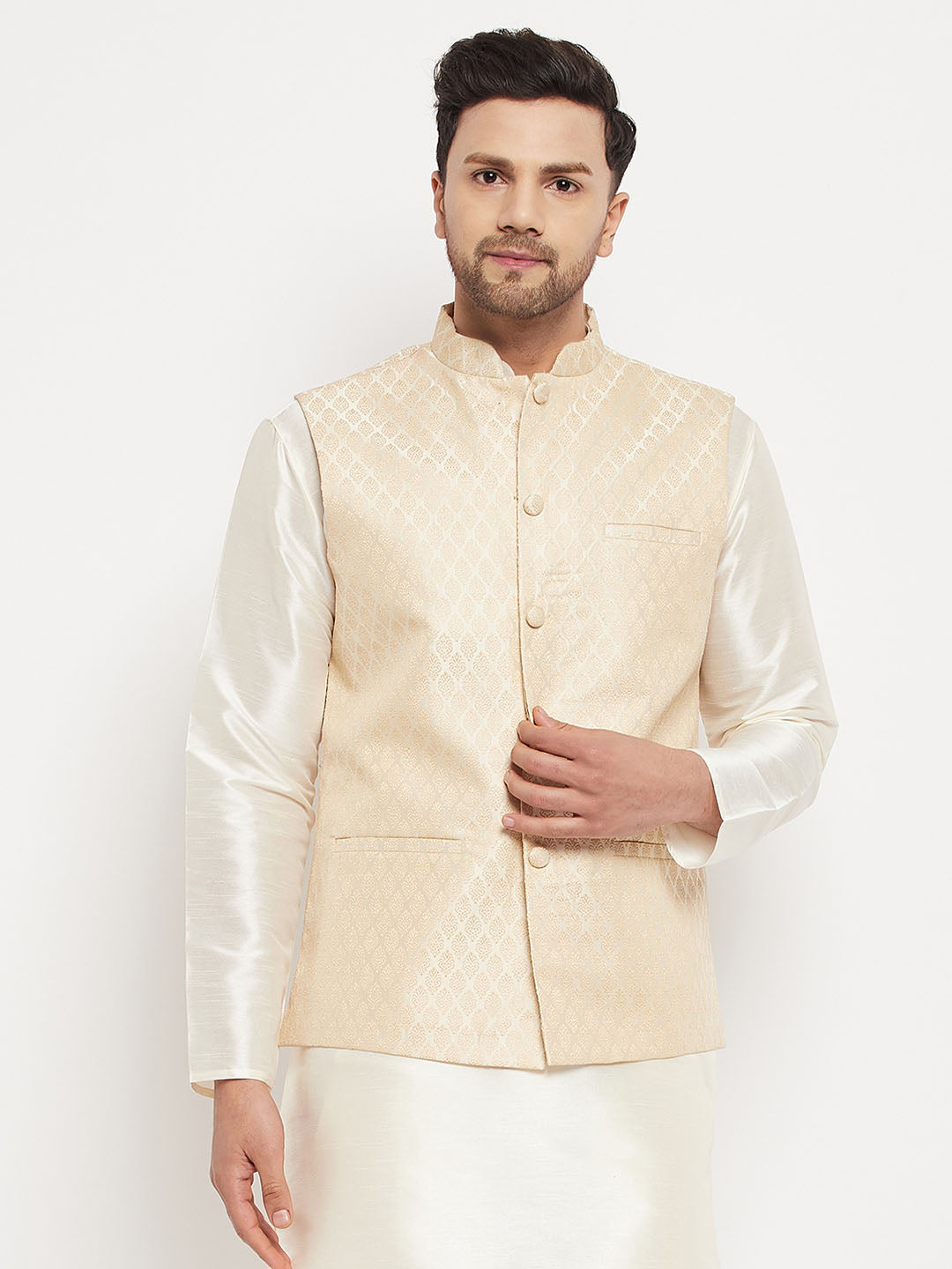 Men's White Silk Blend Nehru Jacket