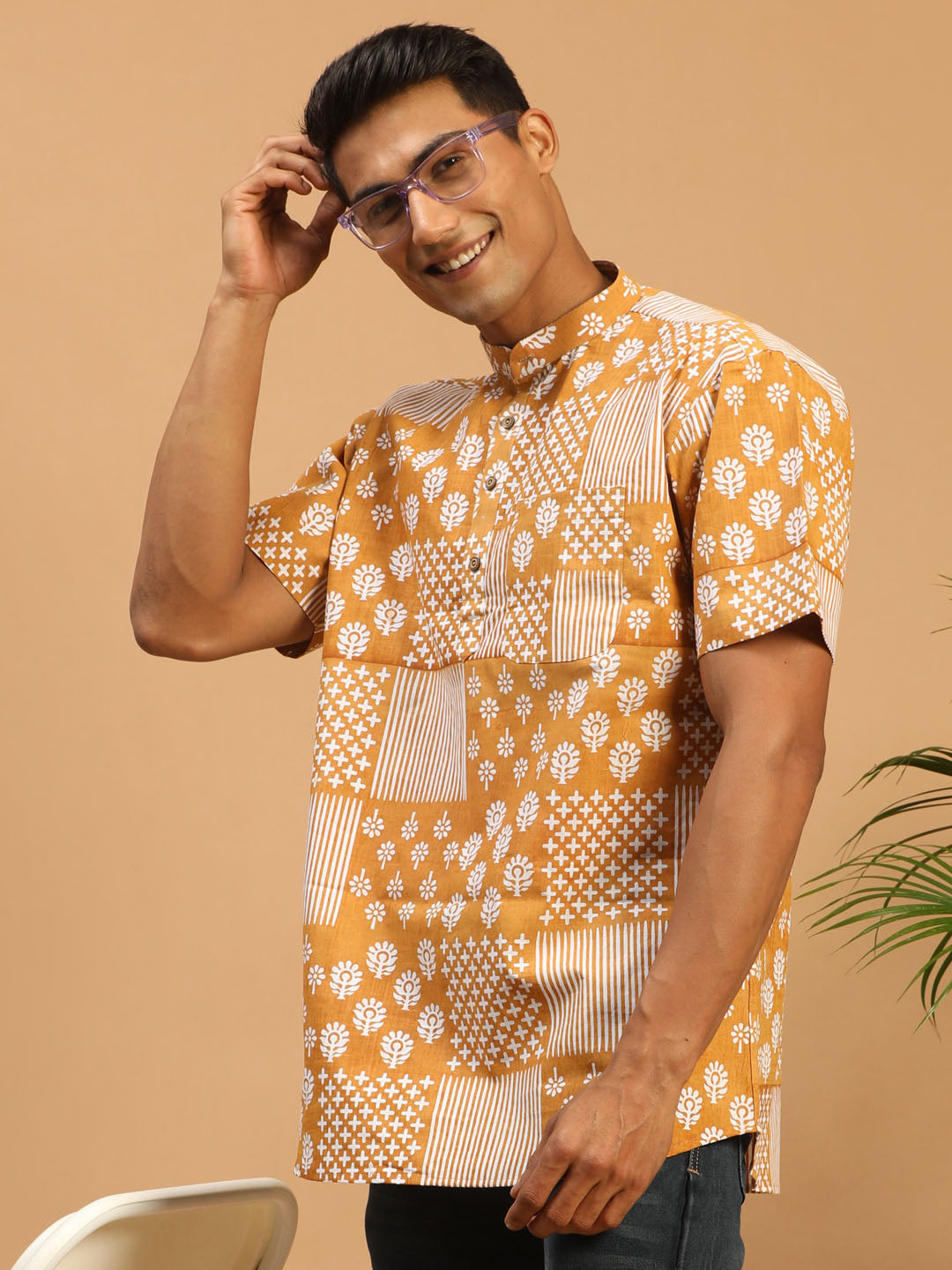 Men's Mustard Cotton Short Kurta