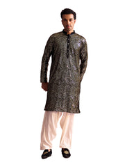 Men's Black And Cream Georgette Kurta and Patiala Set