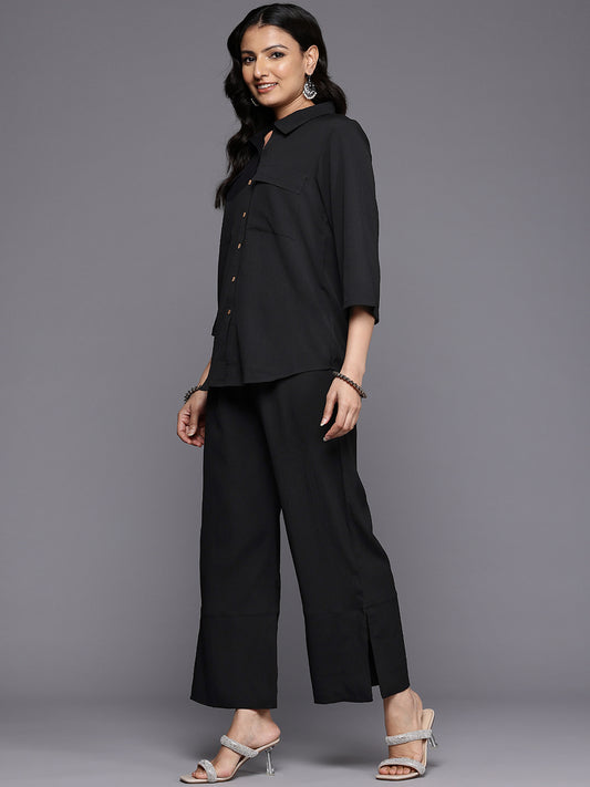 Women Black Crepe Shirt Collar Top And Bottom