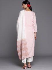 peach and white thread embroidered chanderi kurta paired with straight pant and ombre dupatta