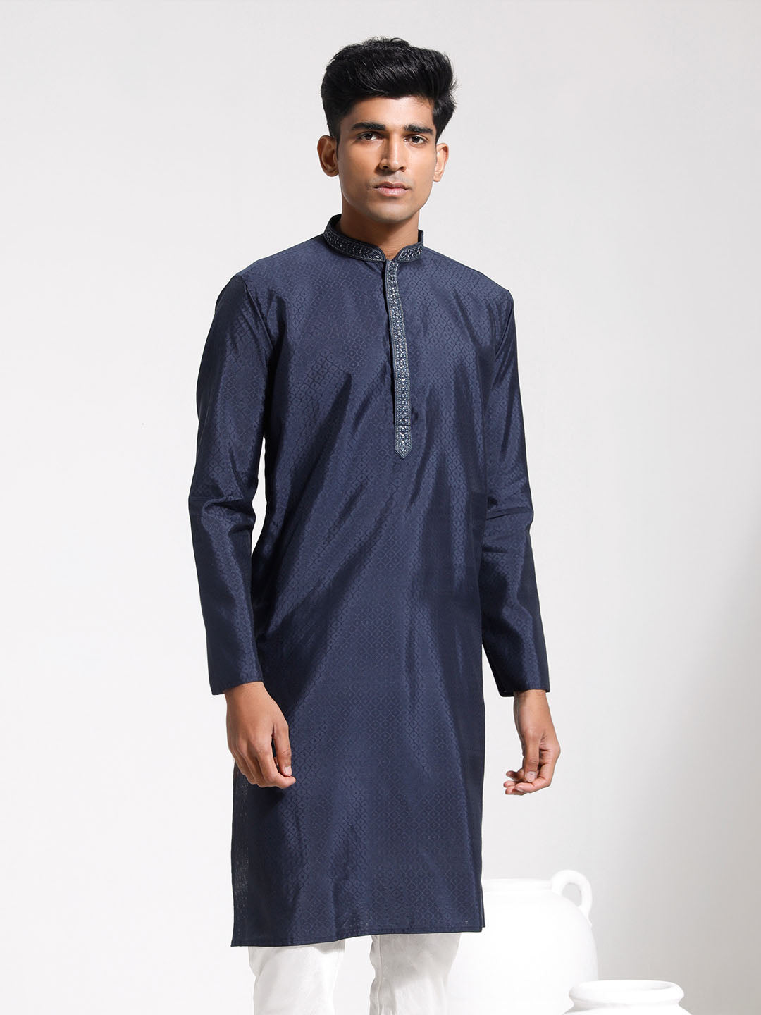 Men's Navy Blue Silk Blend Kurta