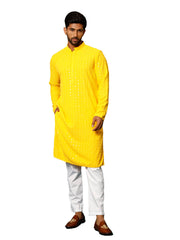 Men's Yellow And White Rayon Cotton Kurta Pyjama Set