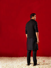 Men's Black Viscose Jacket, Kurta and Pyjama Set