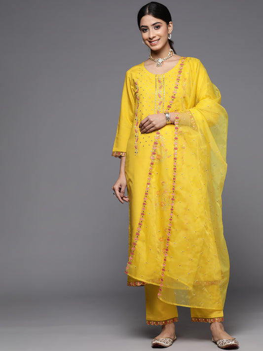 Women Yellow Embroidered Straight Kurta Paired With Tonal Bottom And Dupatta.