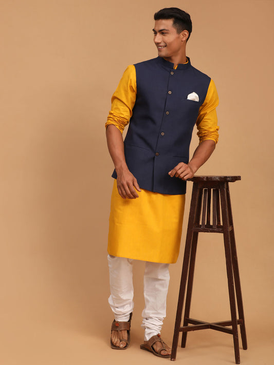 Men's Mustard, Navy Blue And White Cotton Blend Jacket, Kurta and Pyjama Set