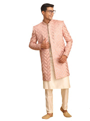 Men's Pink And Cream Silk Blend Ethnic Combo Set