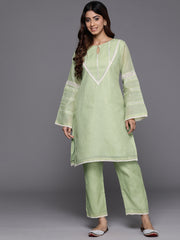 Women Green Kota Check Cotton Lace Short Kurta With Bottom