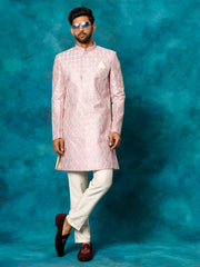 Men's Purple And Cream Silk Blend Sherwani Set