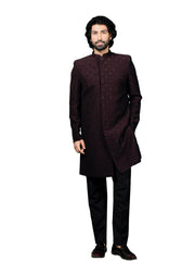 Men's Wine Silk Blend Sherwani Set