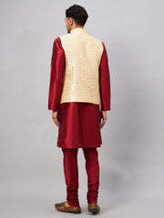 Men's Maroon And Gold Silk Blend Jacket, Kurta and Pyjama Set