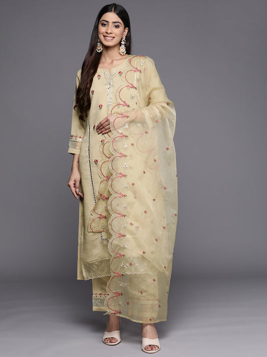 Kalini Women Beige Embroidered Kurta  Paired With  Tonal Bottom And Organza Dupatta