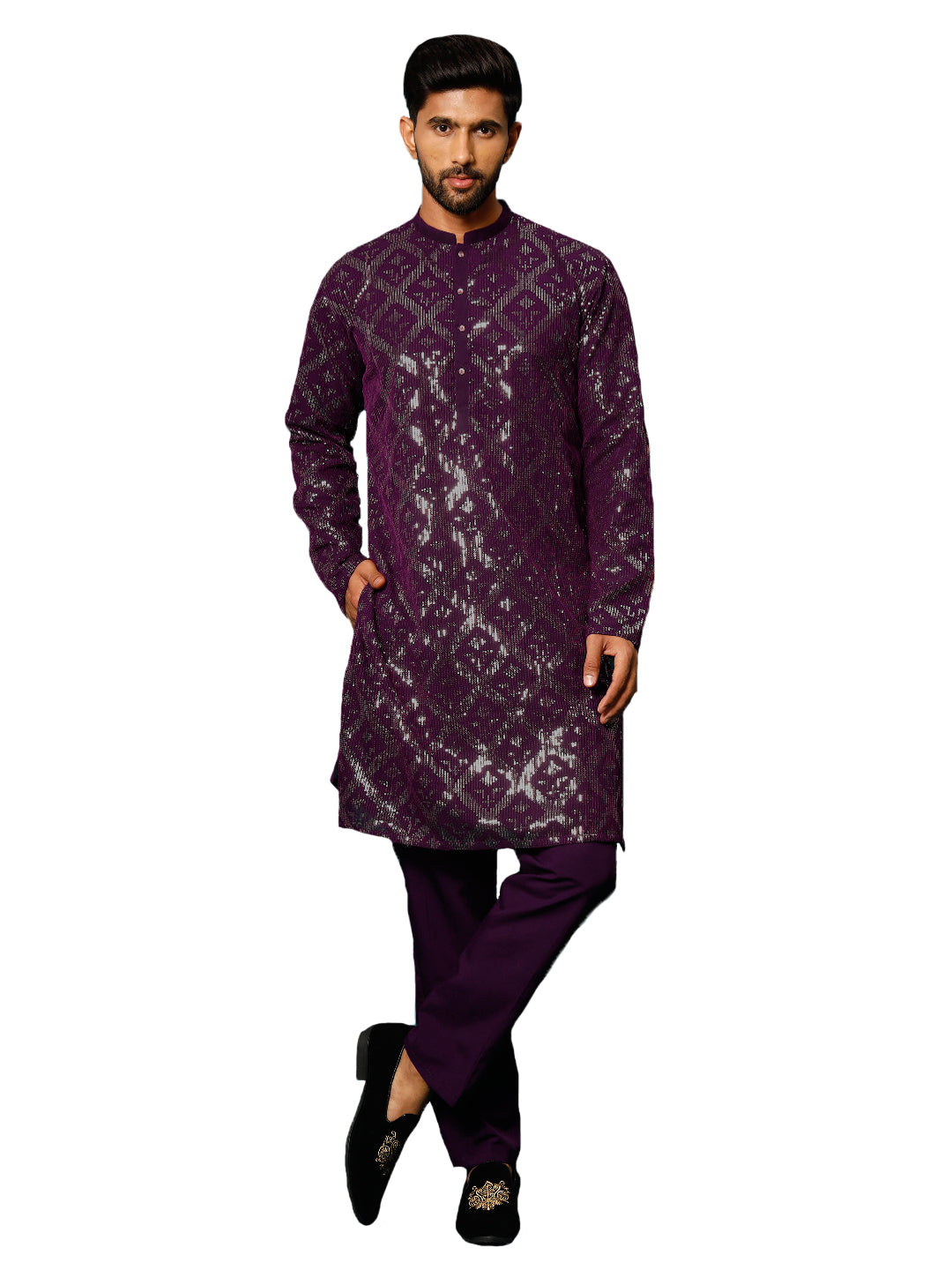 Men's Purple Georgette Kurta Pyjama Set