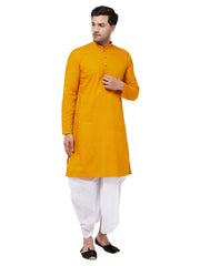 Men's Mustard and White Cotton Blend Kurta And Dhoti Set