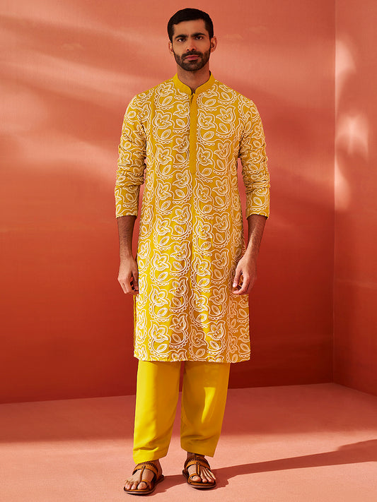 Men's Mustard Georgette Kurta And Patiala Set