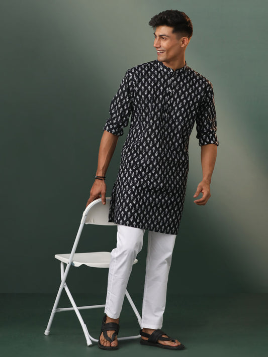 Men's Black And White Cotton Kurta