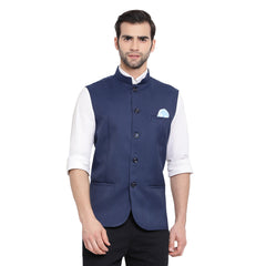 Men's Navy Blue Cotton Silk Nehru Jacket