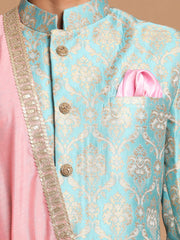 Men's Aqua, Pink And Gold Silk Blend Sherwani Set