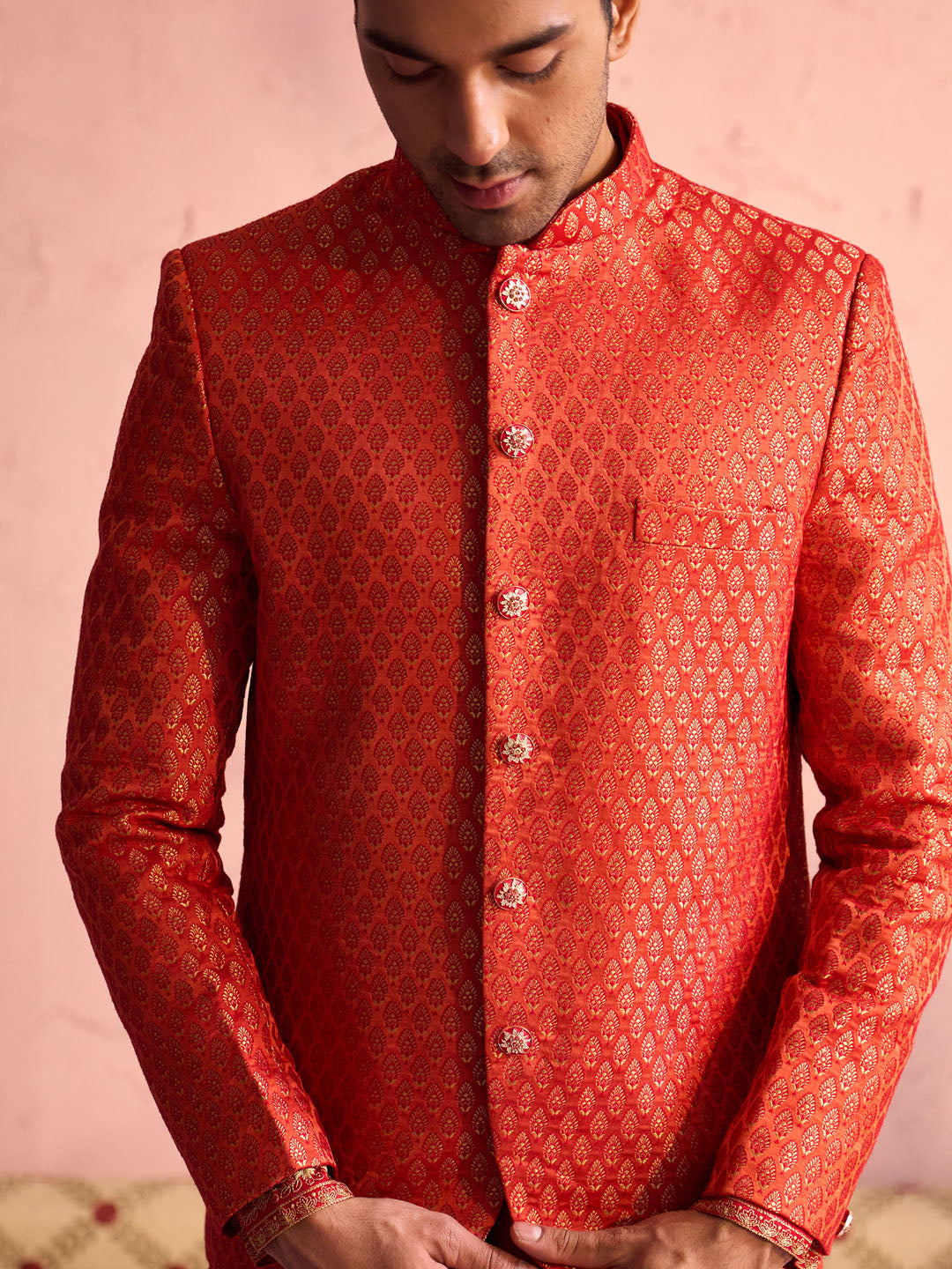 Men's Rose Gold And Red Moonga Silk Jacket, Kurta and Pyjama Set