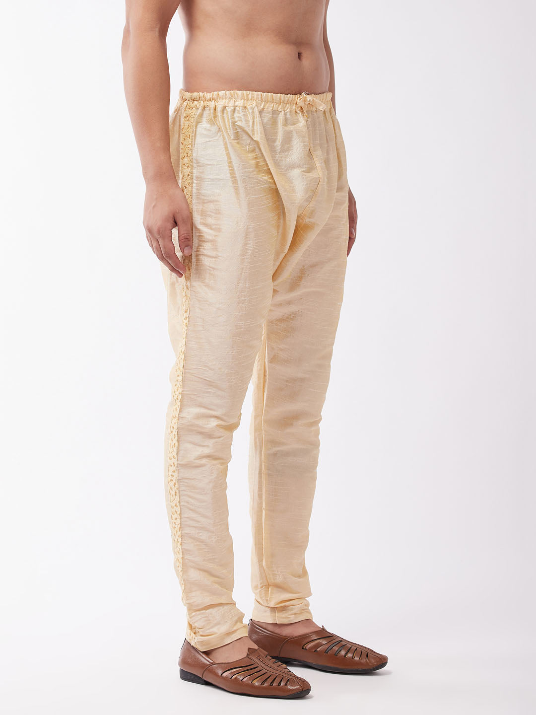 Men's Gold Silk Blend Embroidered Pyjama